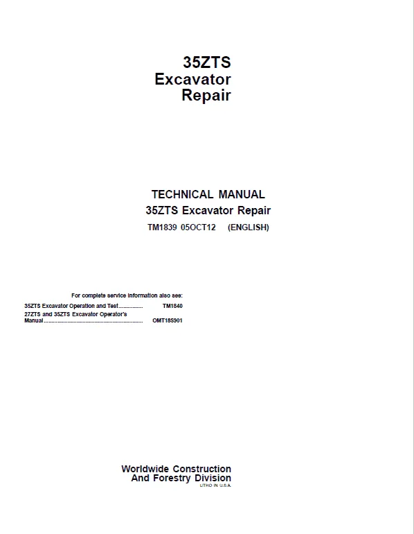John Deere 35ZTS Excavator Repair Service Manual