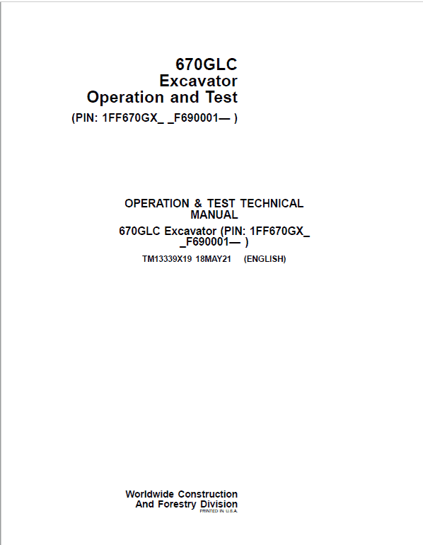 John Deere 670GLC Excavator Repair Service Manual