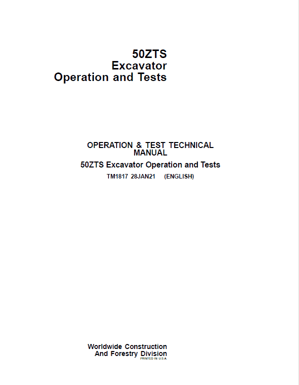John Deere 50ZTS Excavator Repair Service Manual