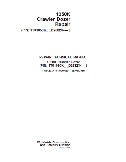 John Deere 1050K Crawler Dozer Service Manual (SN. from D268234)