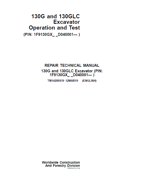 John Deere 130G, 130GLC Excavator Service Manual