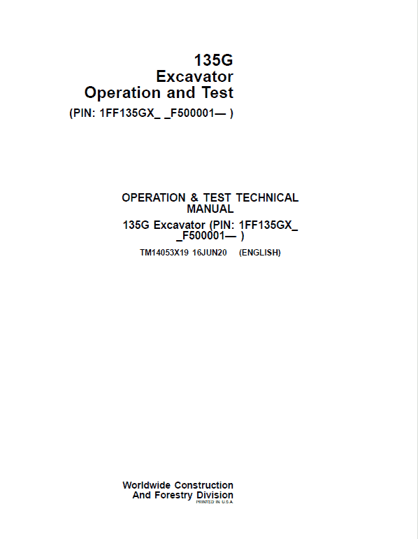 John Deere 135G Excavator Service Manual