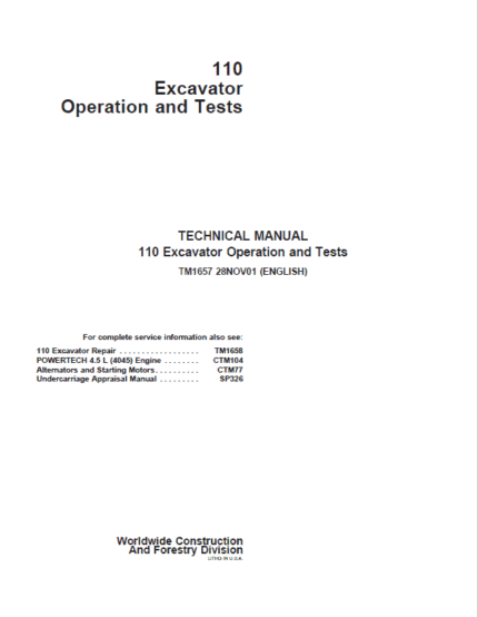 John Deere 110 Excavator Repair Service Manual