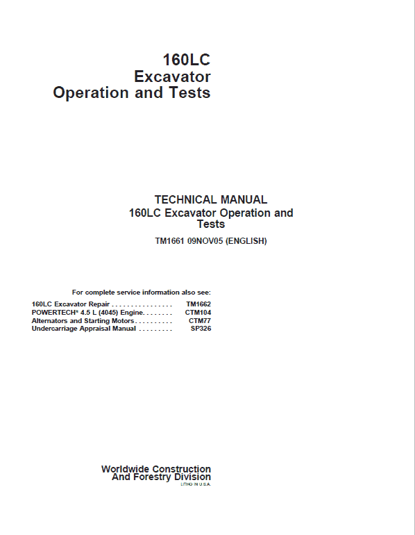 John Deere 160LC Excavator Repair Service Manual