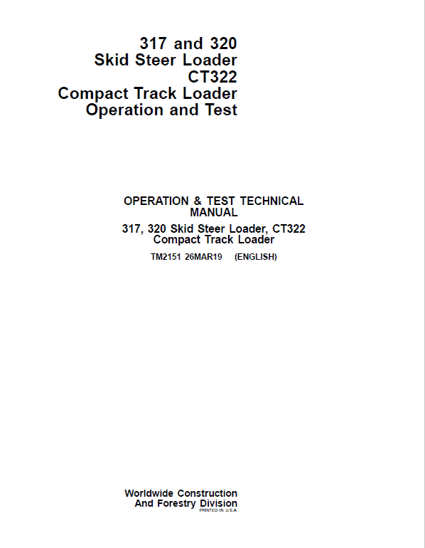 John Deere CT322 Compact Loader Repair Technical Manual