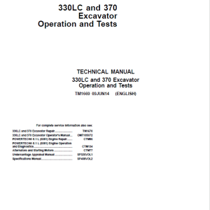 John Deere 330LC, 370 Excavator Repair Service Manual