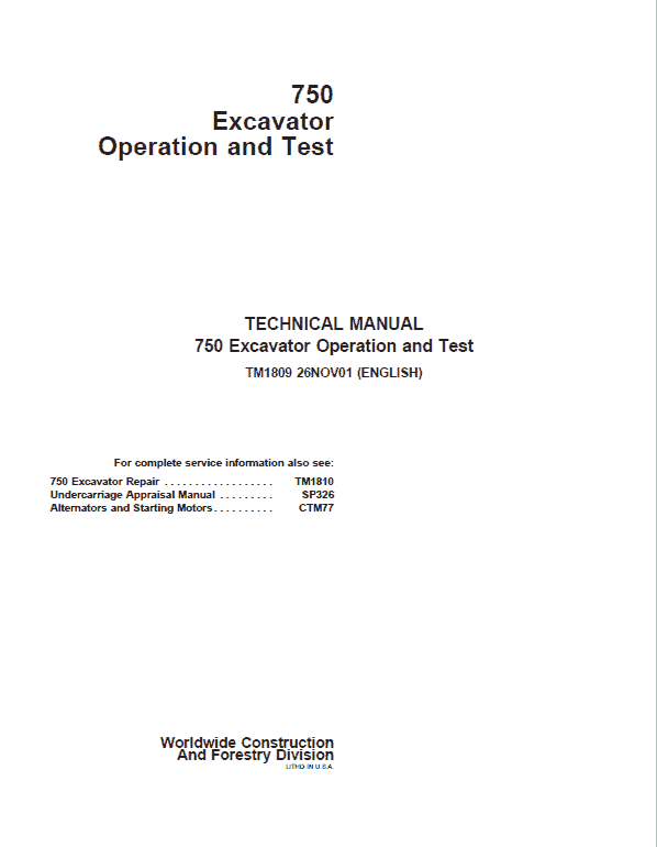 John Deere 750 Excavator Repair Service Manual