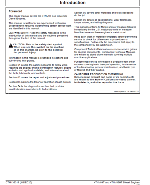 John Deere 4TNV84T and 4TNV86HT Diesel Engines Repair Manual