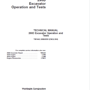 John Deere 290D Excavator Repair Service Manual