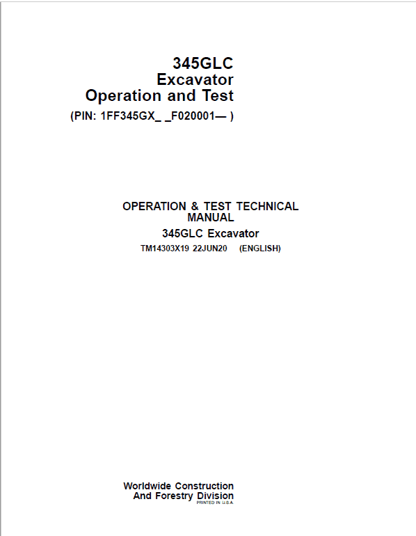 John Deere 345GLC Excavator Repair Service Manual