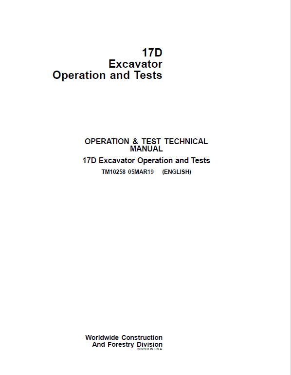 John Deere 17D Excavator Repair Service Manual