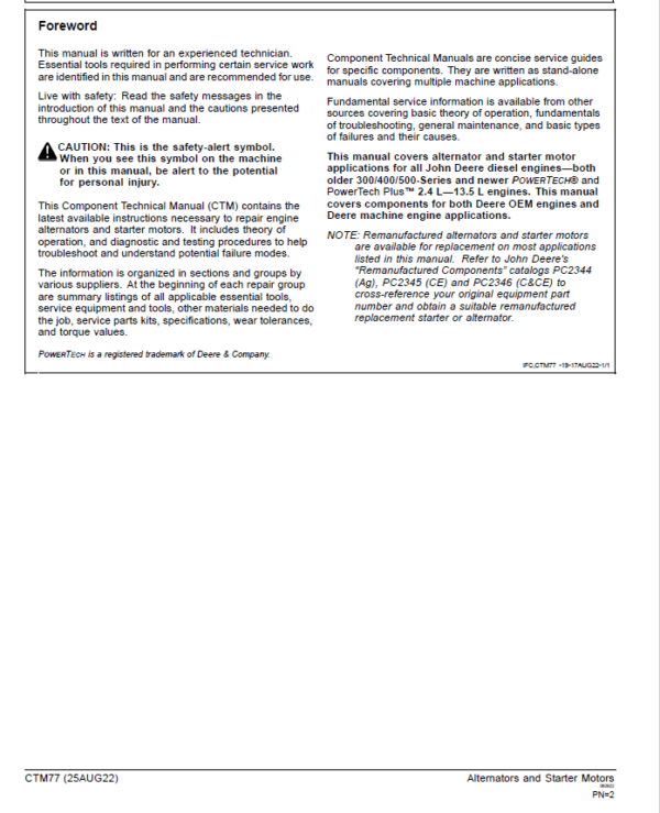 John Deere Alternators and Motors Service Repair Manual