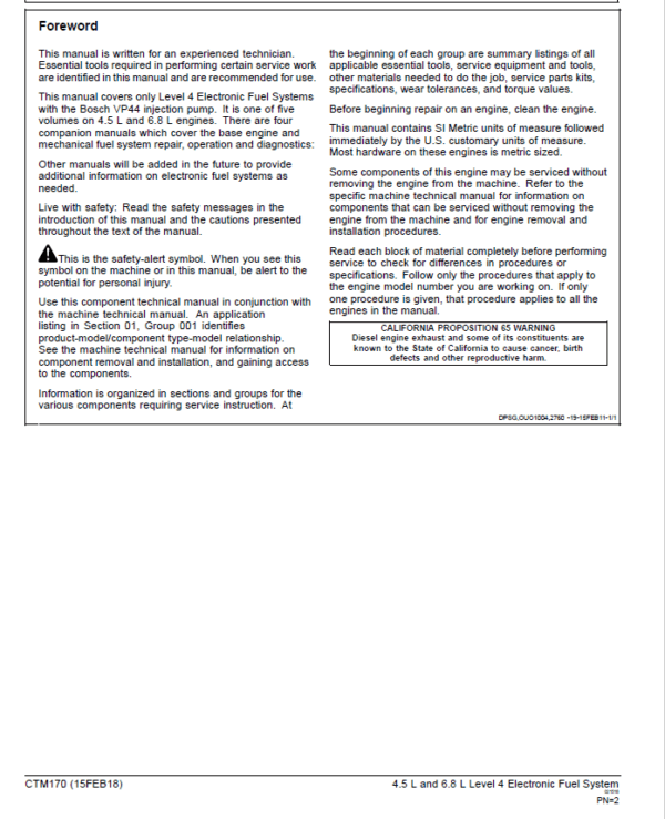 John Deere PowerTech 4.5L, 6.8L Diesel Engines Level 4 Fuel System – Bosch VP44 Pump Repair Manual