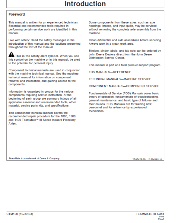 John Deere TeamMate III 1000, 1200, 1400 Series Inboard Planatery Axles Repair Manual