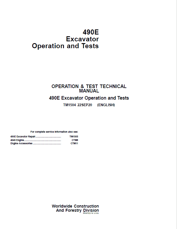 John Deere 490E Excavator Repair Service Manual