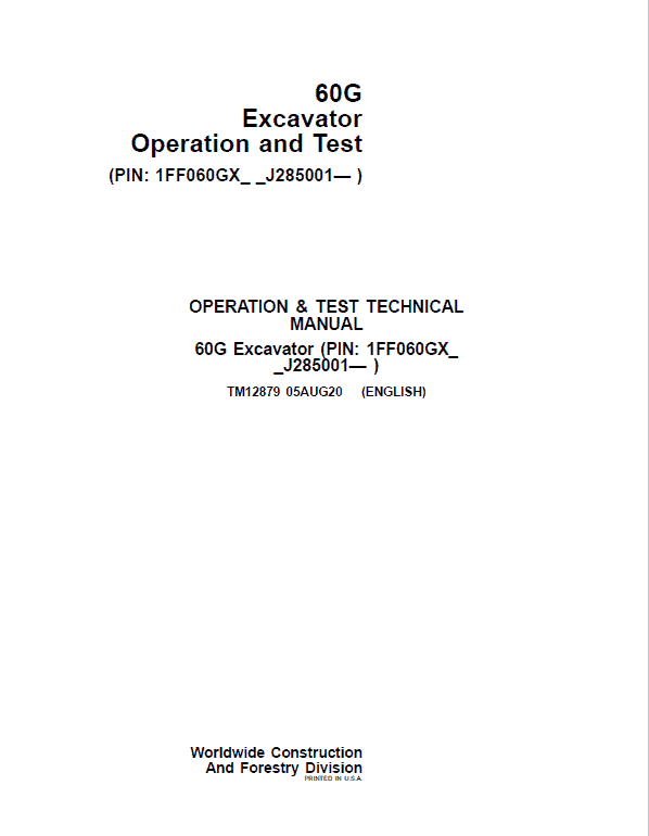 John Deere 60G Excavator Repair Service Manual