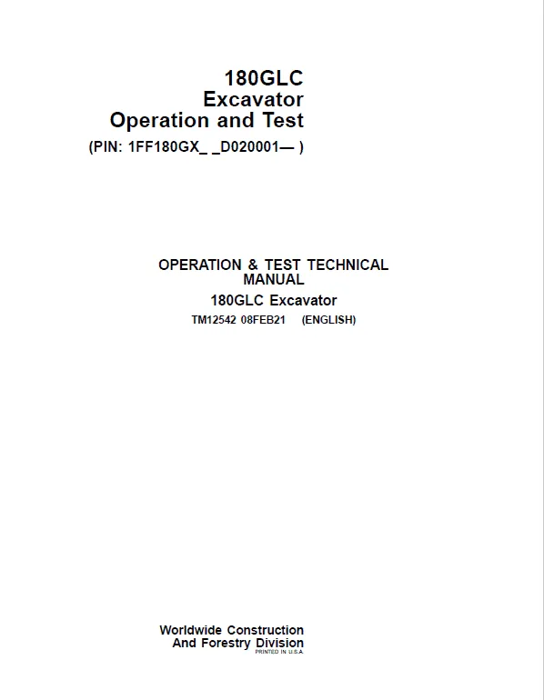 John Deere 180GLC Excavator Repair Services Manual