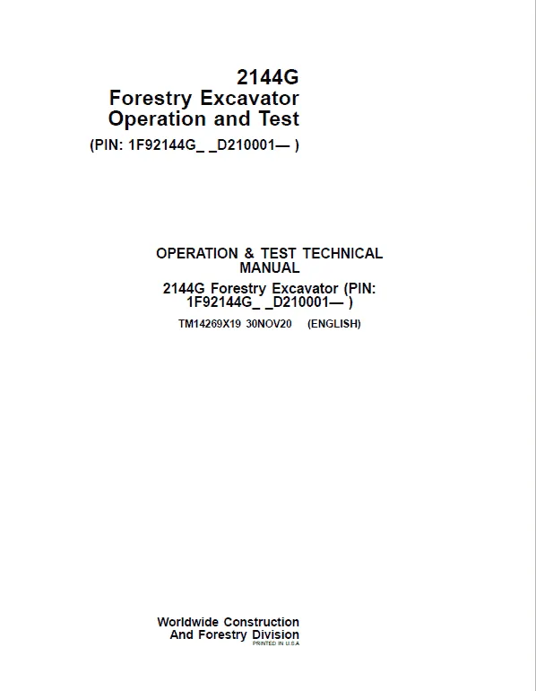 John Deere 2144G Forestry Excavator Repair Service Manual