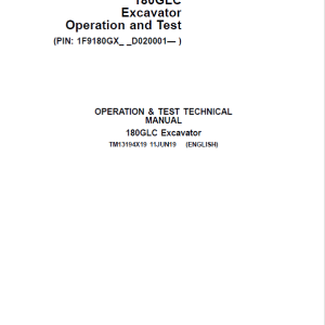 John Deere 180GLC Excavator Repair Service Manual
