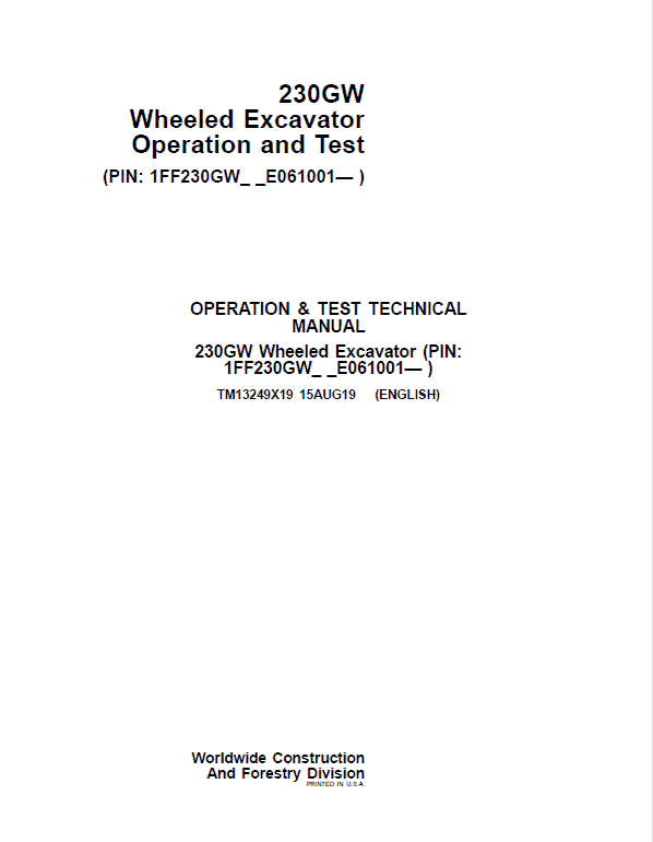John Deere 230GW Wheeled Excavator Repair Service Manual
