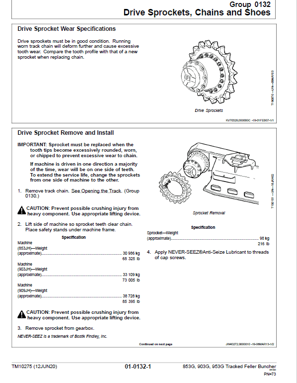 John Deere 853G, 850, 903G, 900, 953G, 950 Tracked Feller Buncher Service Manual