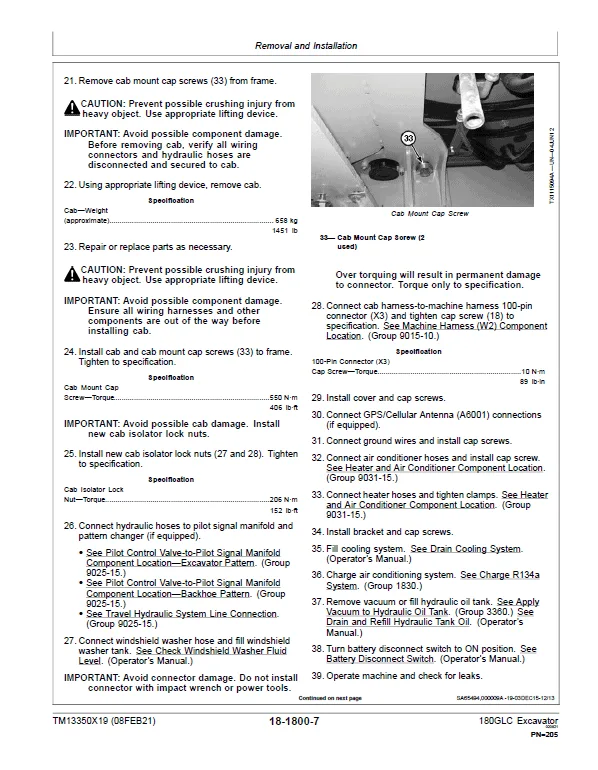 John Deere 180GLC Excavator Repair Service Manual TM