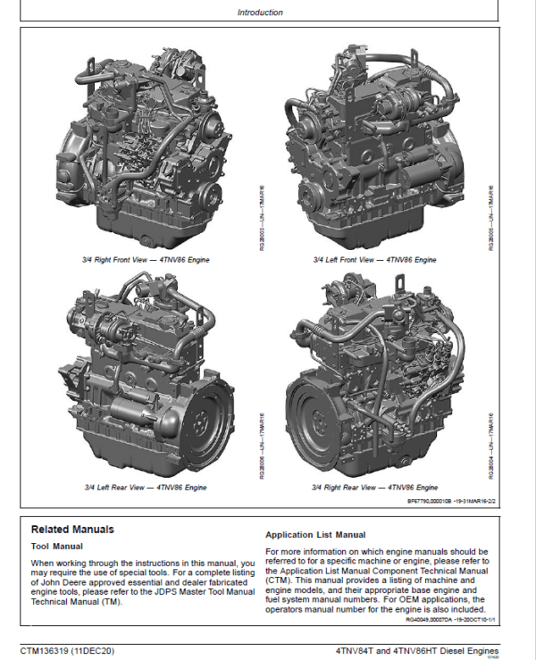 John Deere 4TNV84T and 4TNV86HT Diesel Engines Repair Manual