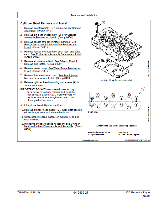John Deere 17D Excavator Repair Service Manual