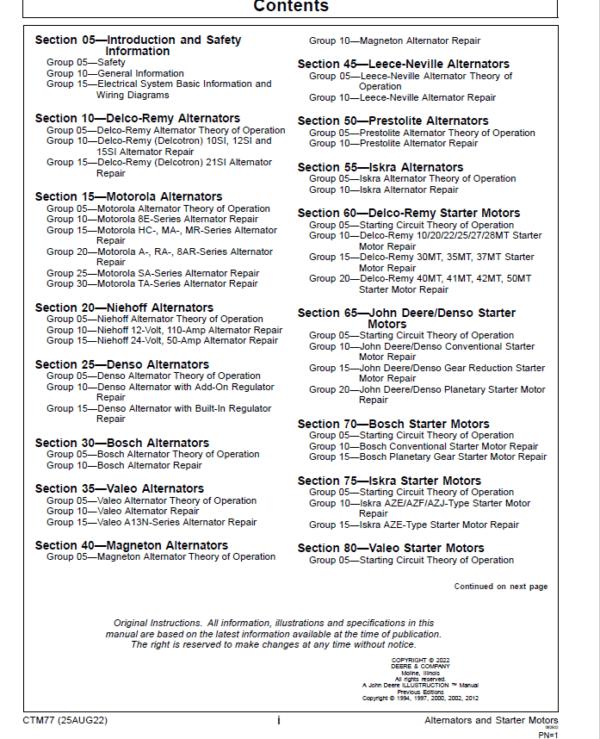 John Deere Alternators and Motors Service Repair Manual