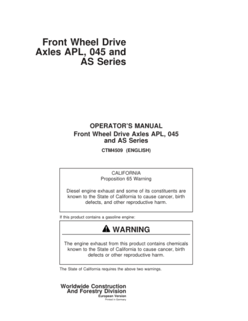 John Deere Front Wheel Drive Axles APL, 045 and AS Series Repair Manual