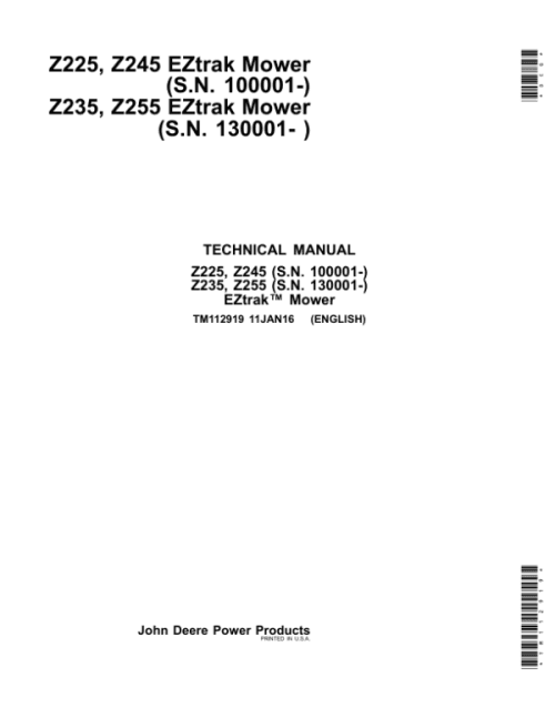 John Deere Z225, Z235, Z245, Z255 EZtrak Mower Repair Manual