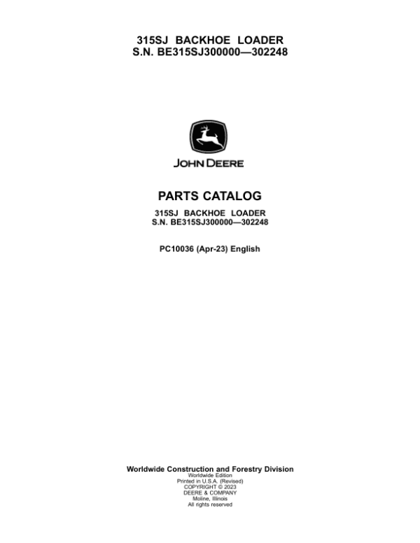 John Deere 315SJ Backhoe Loaders Parts Catalog Manual