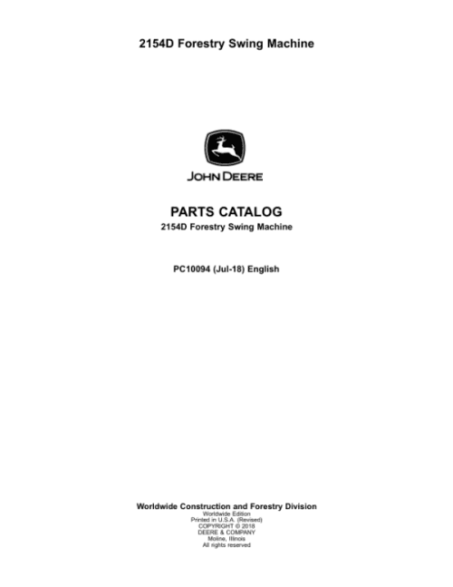 John Deere 2154D Swing Machines (SN D210001-D211156) Parts Catalog Manual