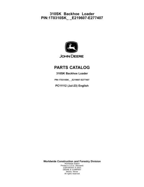 John Deere 310sk backhoes sn-e219607-e277407 parts catalog manual