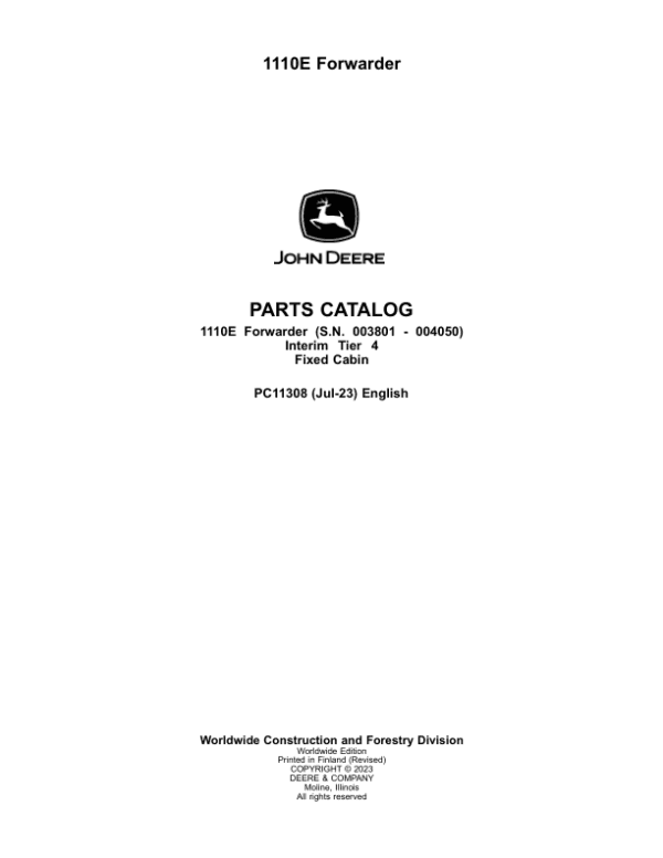 John Deere 1110E IT4 FFC Forwarders Parts Catalog Manual