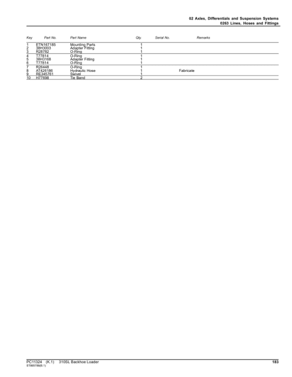John Deere 310SL Backhoe Loaders (SN C273920-390995 & D273920-390995) Parts Catalog Manual