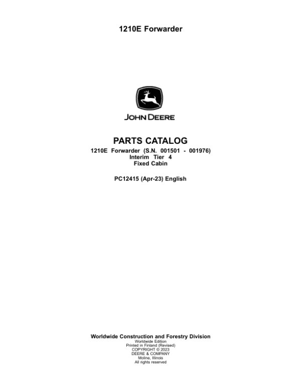 John Deere 1210E IT4 FFC Forwarders Parts Catalog Manual