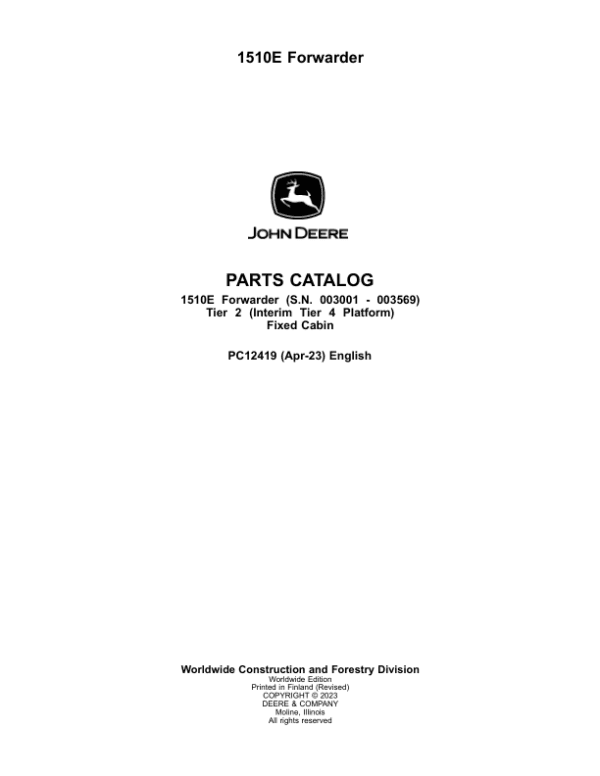 John Deere 1510E IT4 T2 FFC Forwarders Parts Catalog Manual