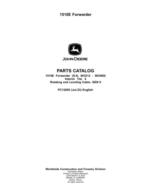 John Deere 1510E IT4 Forwarders (SN 003212 – 003569) Parts Catalog Manual