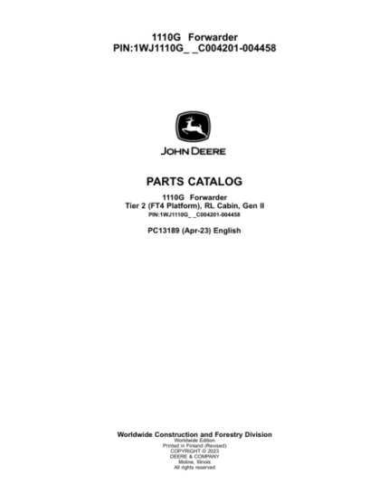 John Deere 1110G T2 RL Forwarders Parts Catalog Manual