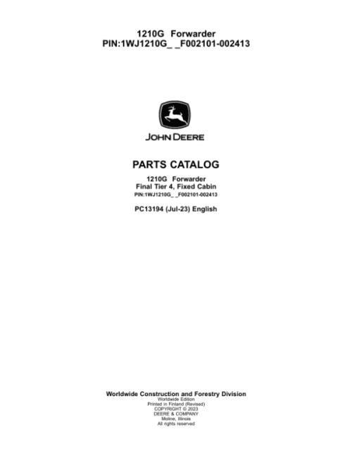 John Deere 1210G FT4 FFC Parts Catalog Manual