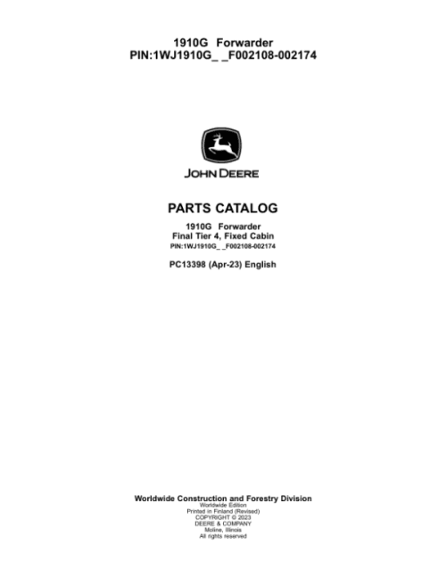 John Deere 1910G Forwarders Parts Catalog Manual