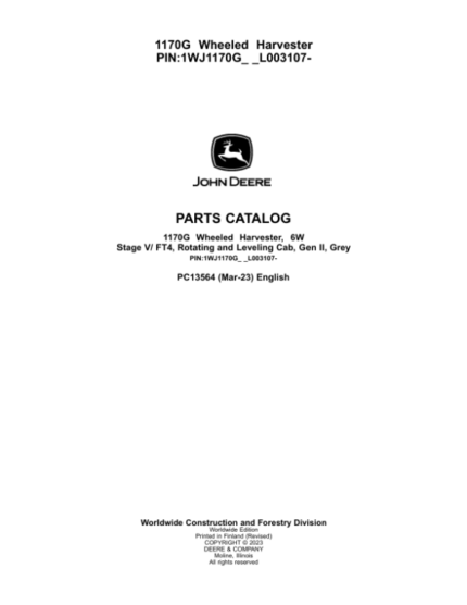 John Deere 1170G Forwarders SN F003107- Parts Catalog Manual