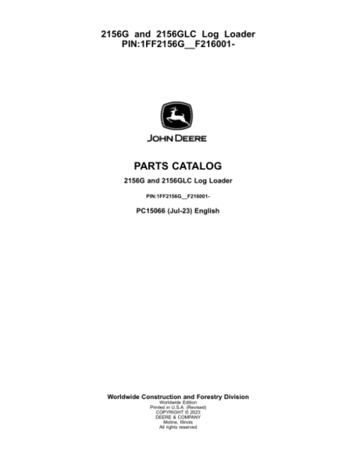John Deere 2156G, 2156GLC Log Loaders Parts Manual