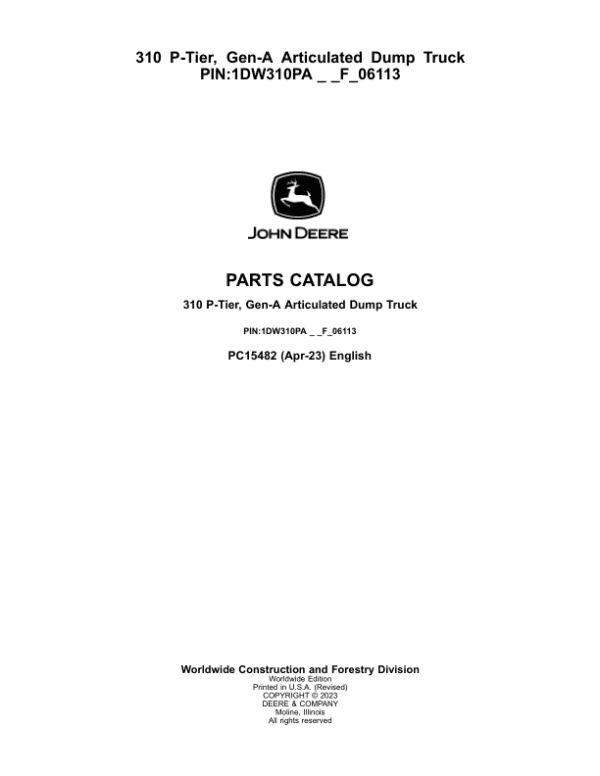 John Deere 310 P Articulated Dump Trucks (SN 1DW310PA _ _F_00001) Parts Catalog Manual