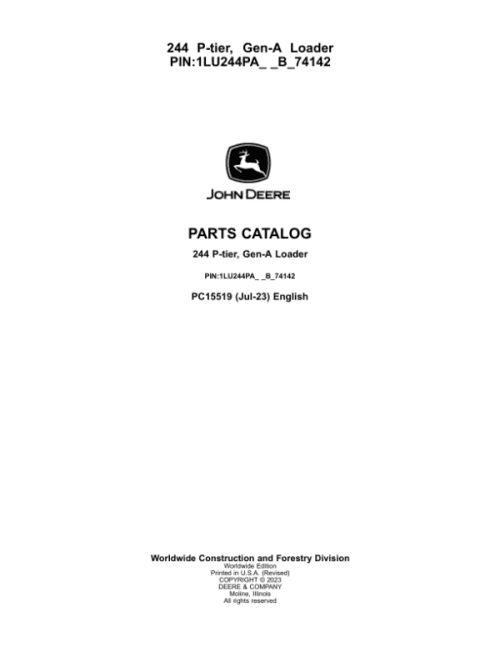 John Deere 244 P Loaders (SN 1LU244PA_ _B_74142-) Parts Catalog Manual