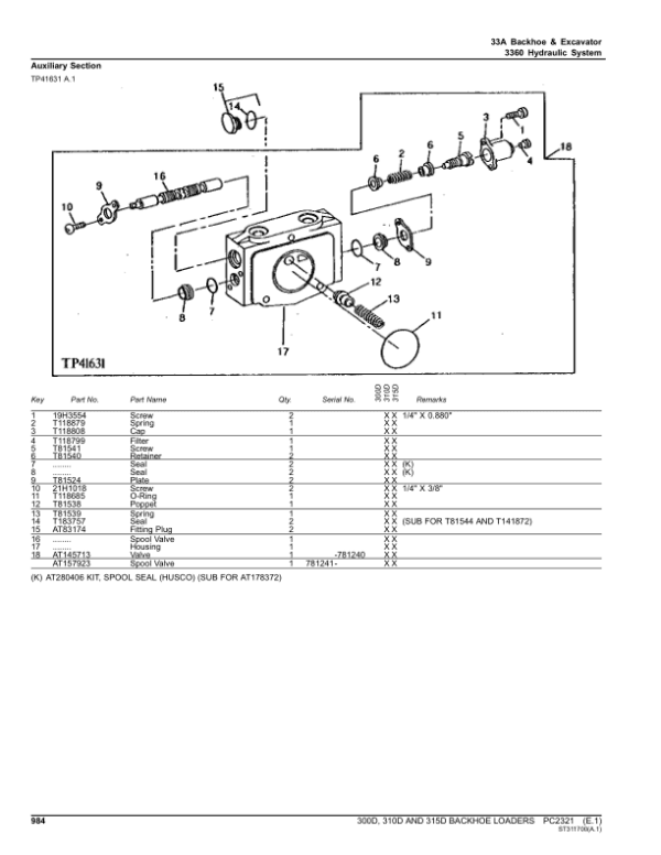 John Deere 300D, 310D, 315D Backhoe Loaders Parts Catalog Manual