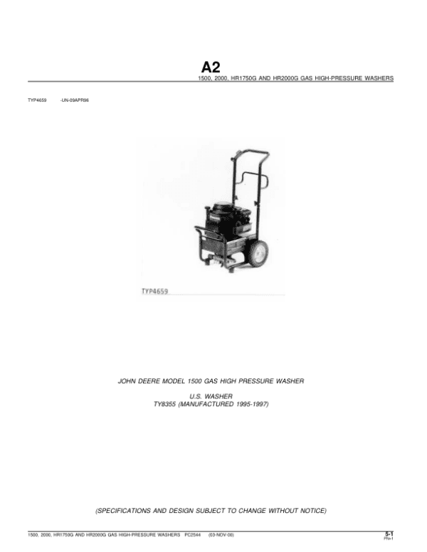 John Deere 1500, 2000, HR1750G, HR2000G GAS High-Pressure Washers Parts Catalog Manual