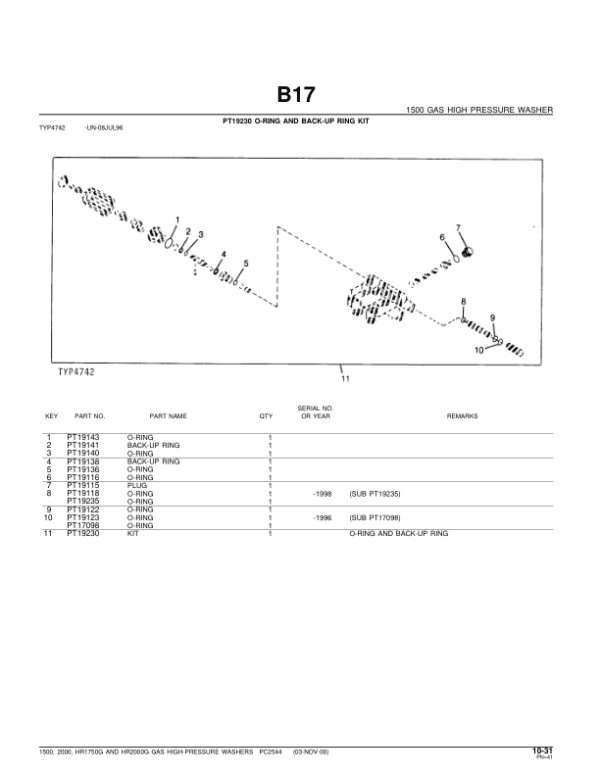 John Deere 1500, 2000, HR1750G, HR2000G GAS High-Pressure Washers Parts Catalog Manual