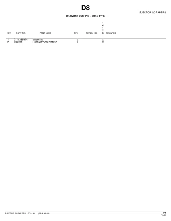 John Deere 1412E, 1810E, 1814E Scrapers Parts Catalog Manual